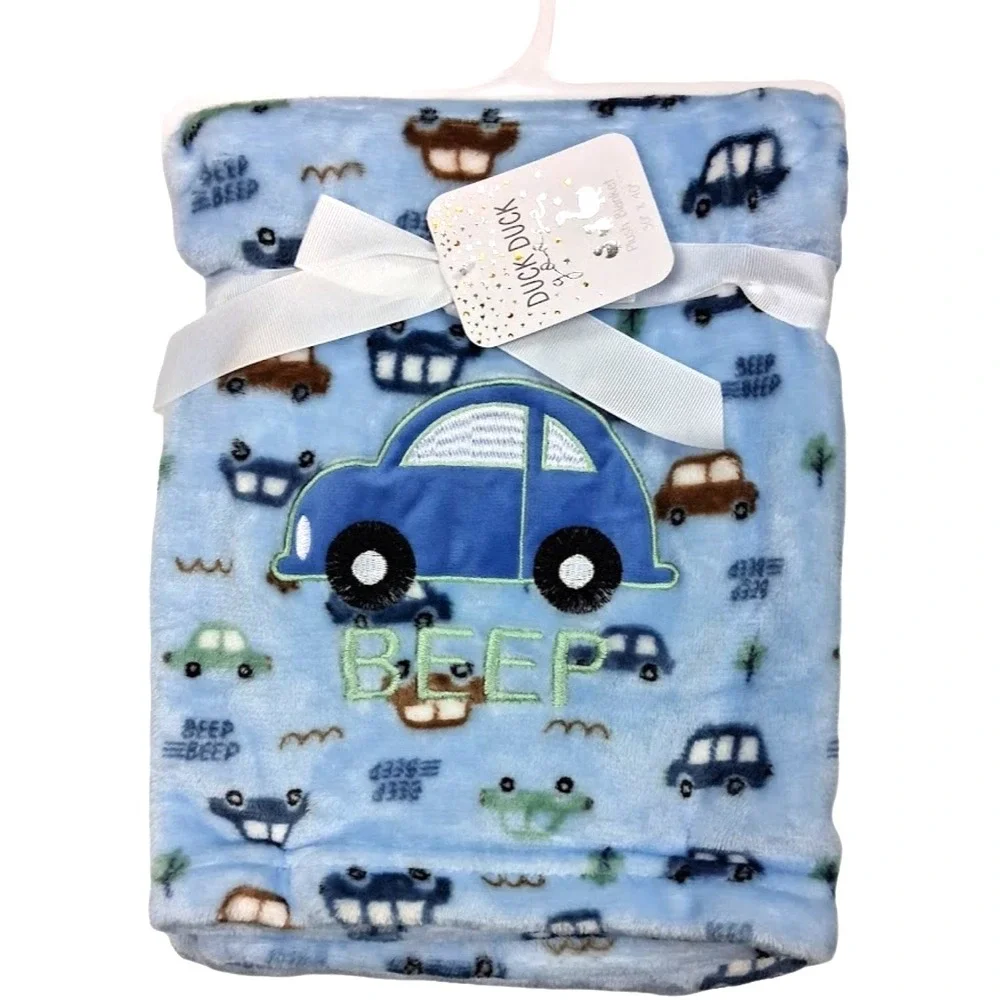 Duck Goose Blue Car‎ Beep Baby Blanket  Embroidered Boy Fleece Soft Lovey NWT